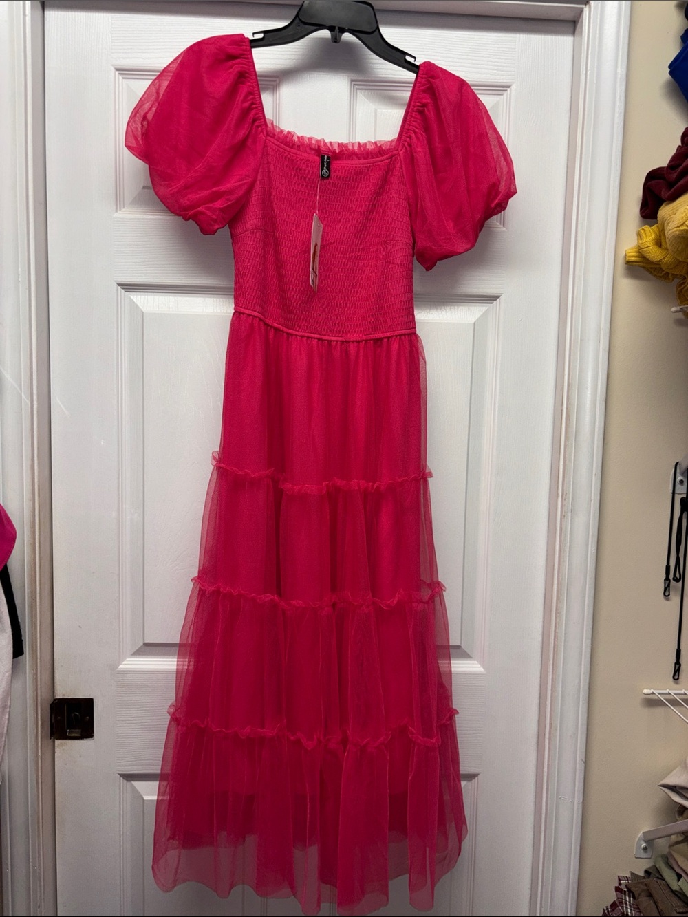 Pretty Garden Hot Pink Puff Sleeve Tulle Maxi Dress Smocked Bodice Small New